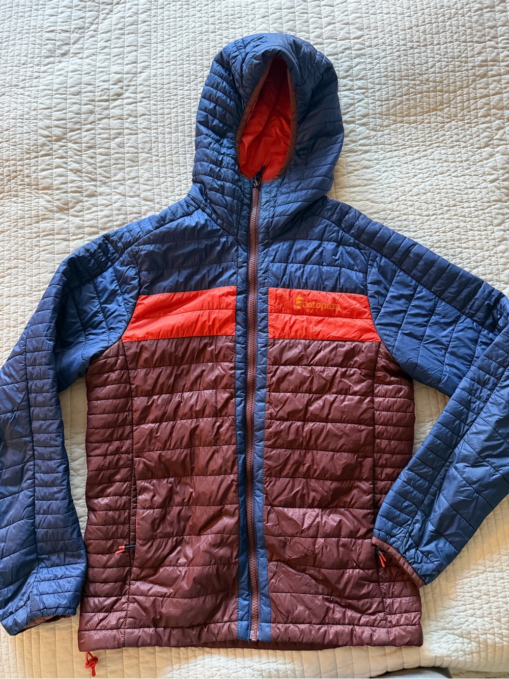 Cotopaxi men’s Colorblock Hooded Puffer Jacket - Navy, Burgundy & Red